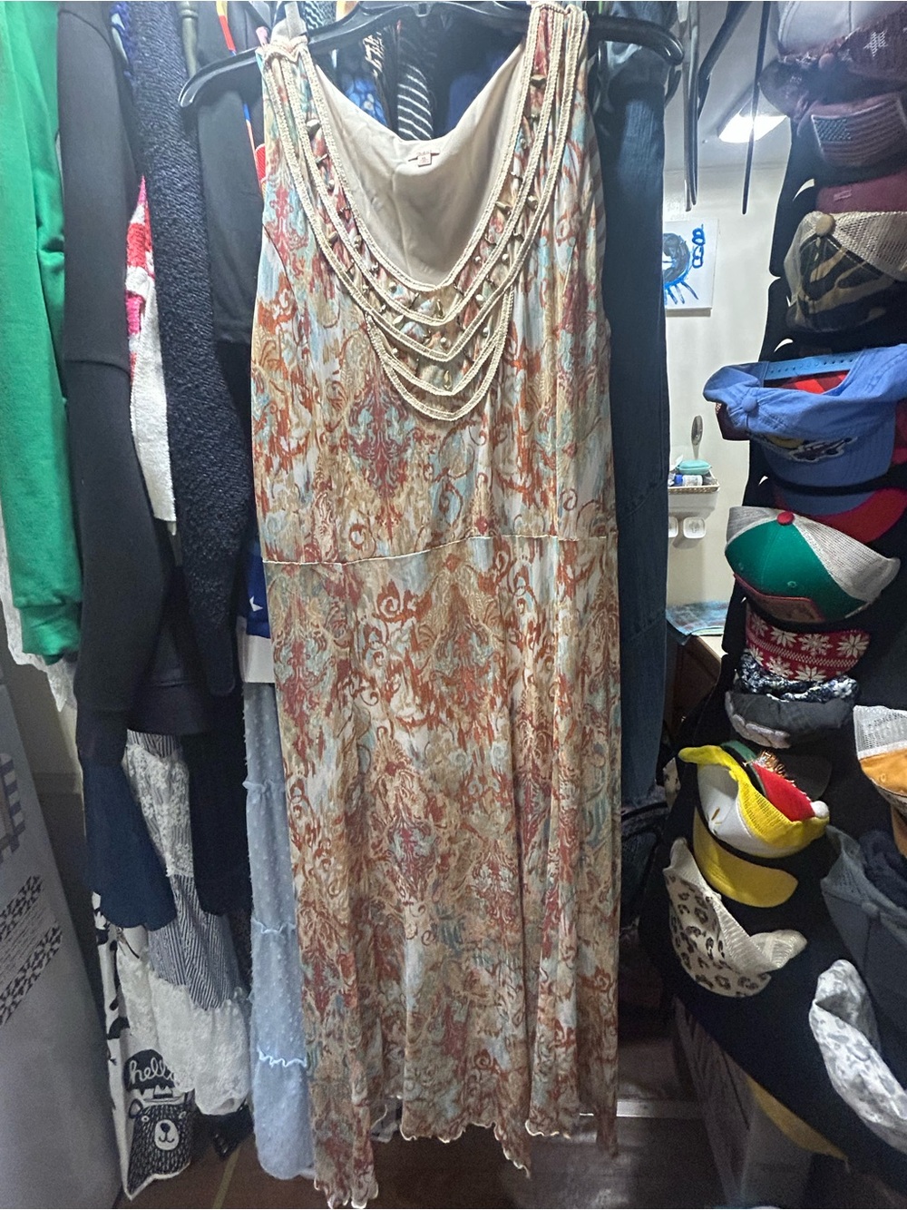 Reba Layered Beaded Scoop-Neck Reba Maxi Dress in Cream and Rust